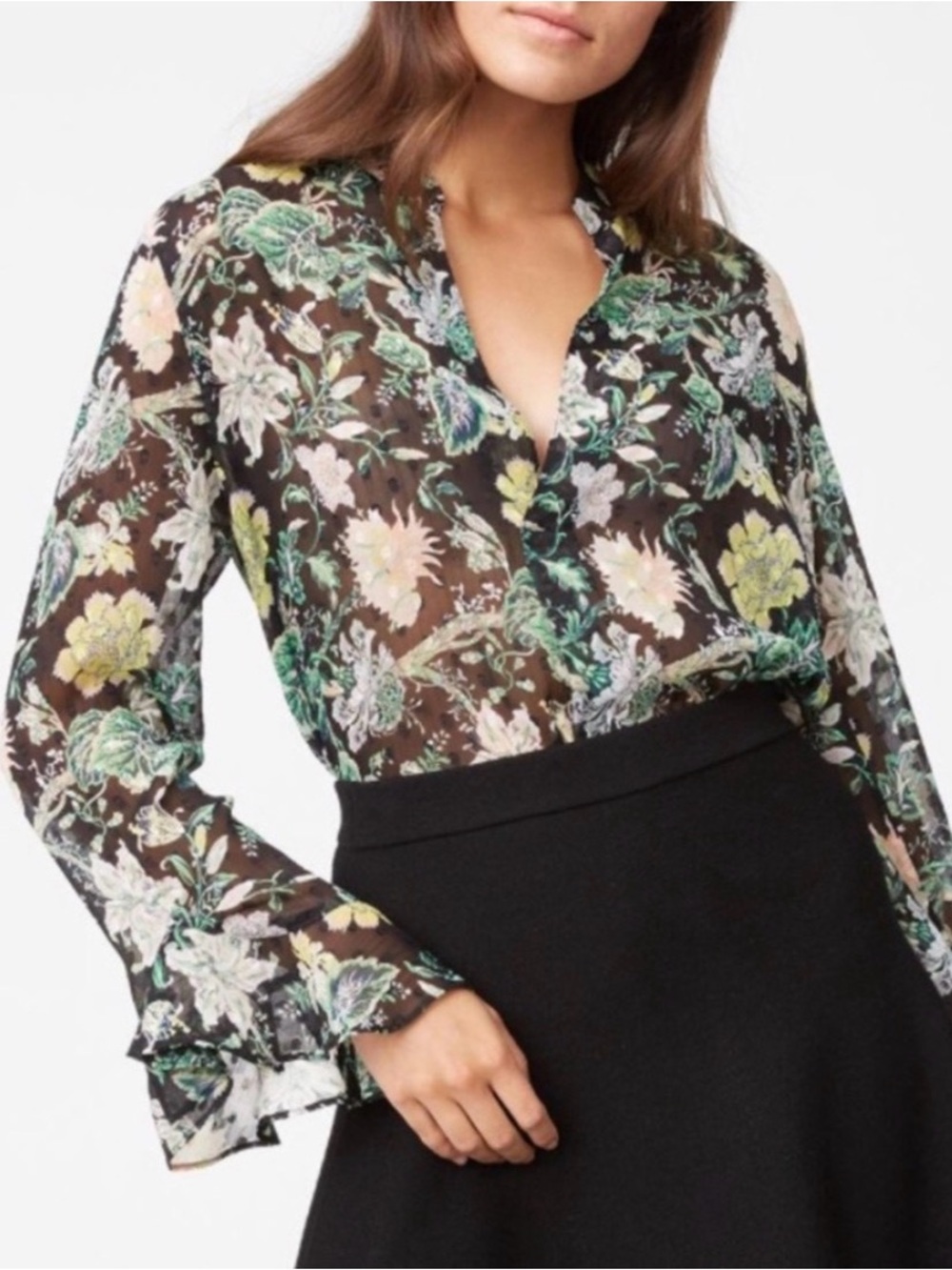 Club Monaco Floral Chiffon Long-Sleeve Blouse